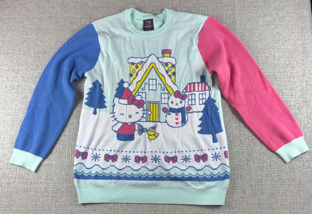 Hello Kitty Sanrio Christmas Sweater Womens L Holiday Snowman Colorblock Knit